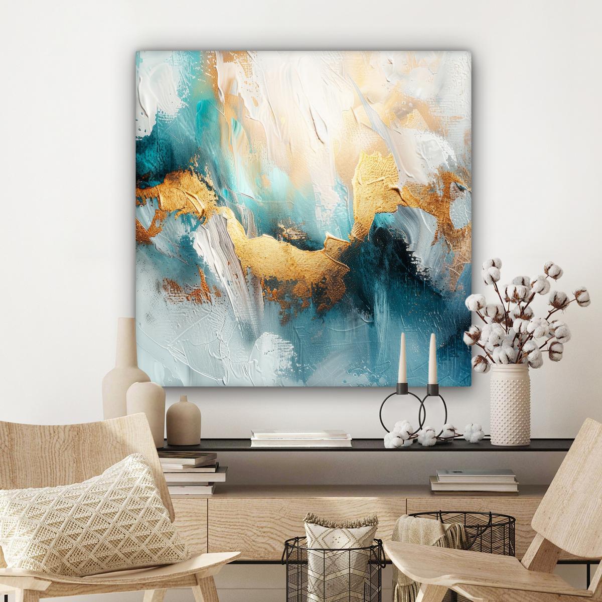 LEINWANDBILD Abstrakt - Kunst - Gold - Blau Deko Groß 90x90 cm - Petrol, Textil (90/90cm) - MuchoWow