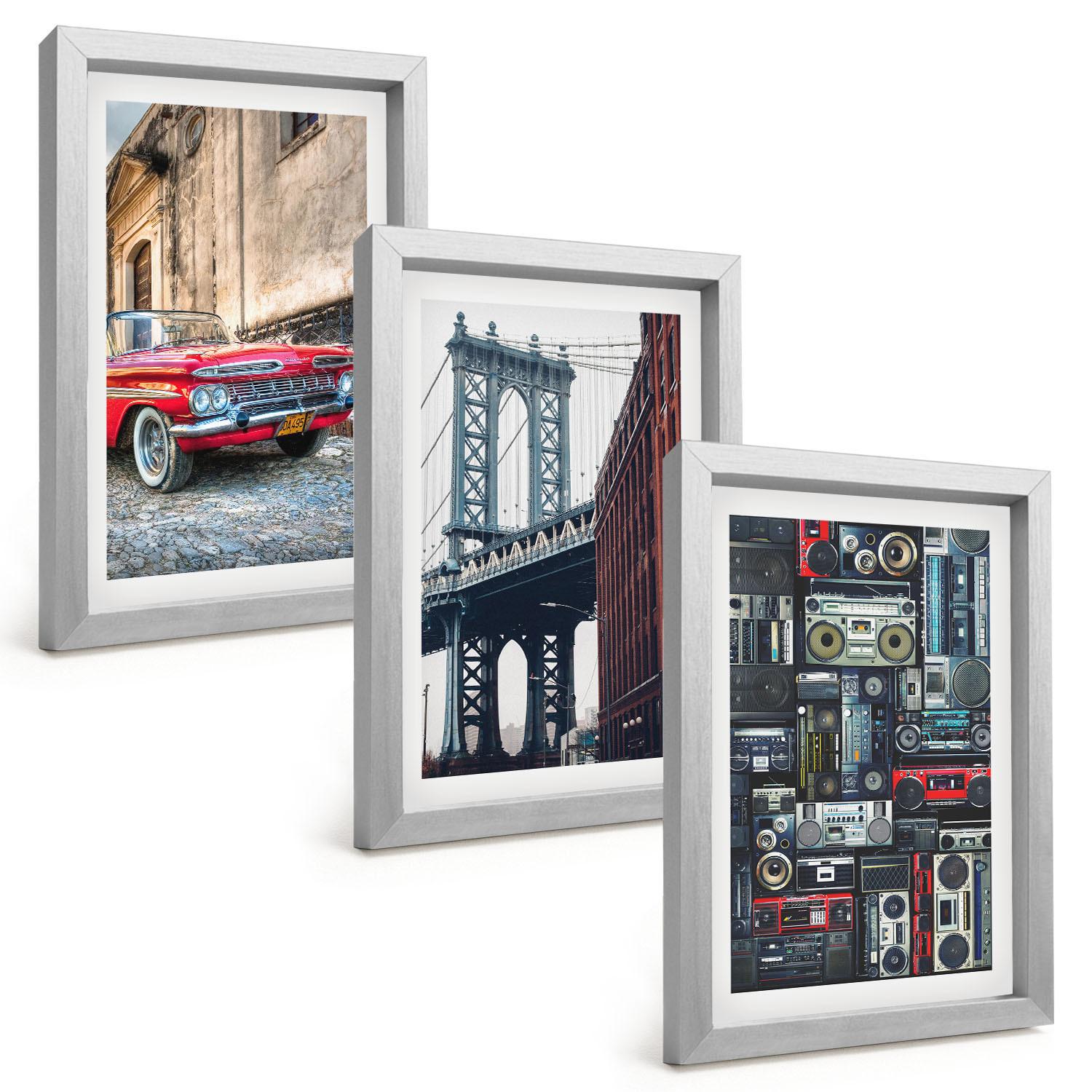 BILDER SET 3er Set - 20x30 cm Silberner Rahmen - Alte Autobrücke Brooklyn Retro-Audio - Silberfarben, Kunststoff (20/30cm) - TULUP