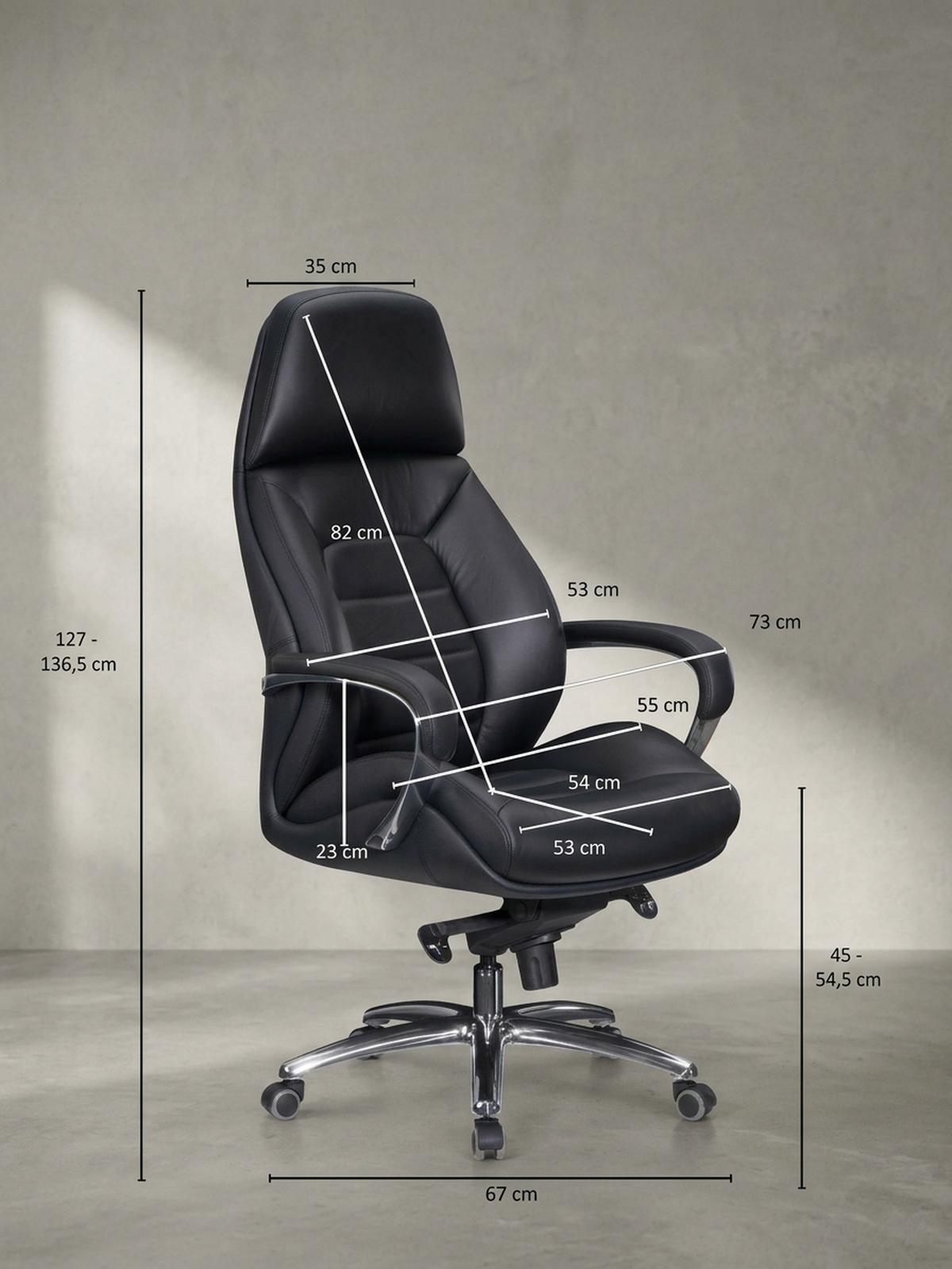 BÜROSTUHL Echtleder bis 120 kg mit Wippmechanik, Armlehnen und hoher Rückenlehne, Schwarz 67x67x137 cm - Silberfarben/Schwarz, Leder (67/137/67cm) - KADIMA DESIGN