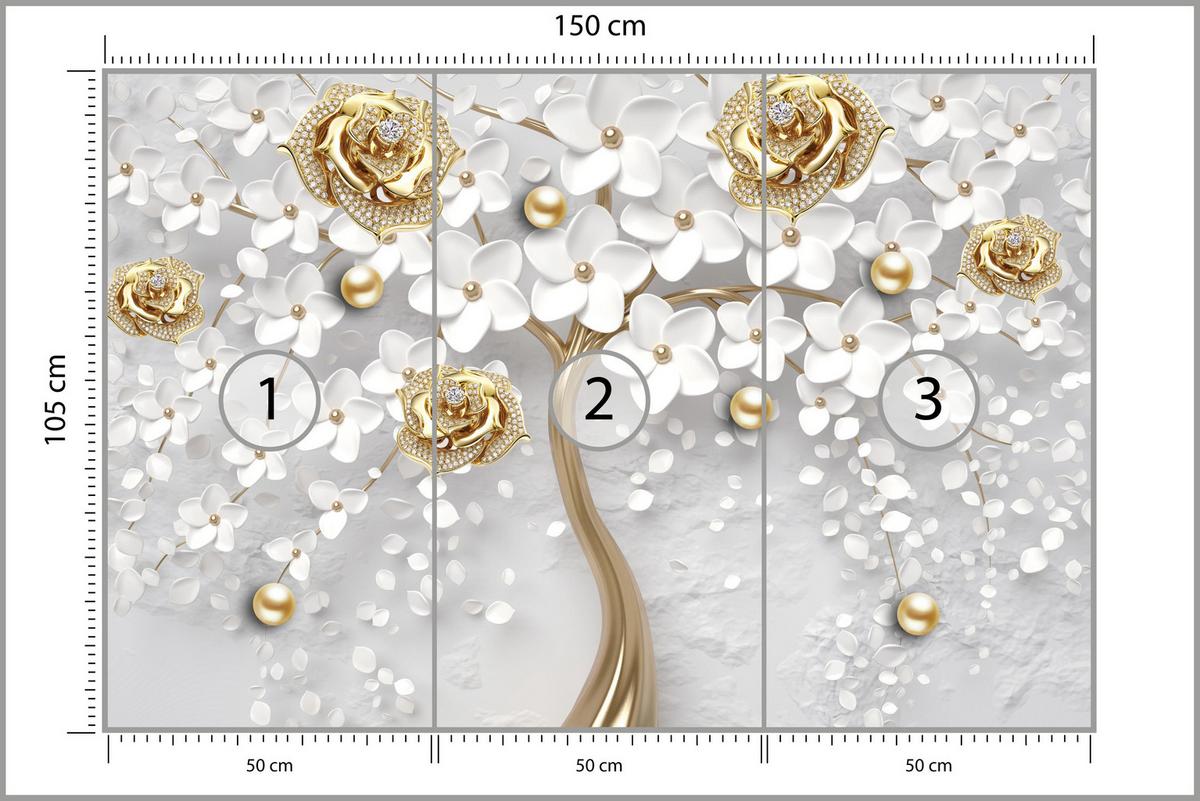 FOTOTAPETE für Wohnzimmer Abstrakte Rosen Baum Blumen Räumliche Äste Zweige 150x105 - Gelb/Weiß, Papier (150/105cm) - Muralo