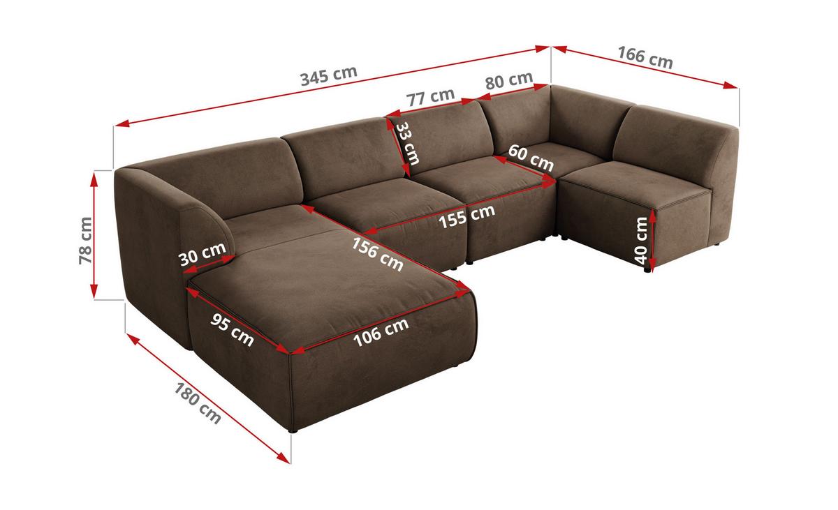 WOHNLANDSCHAFT MODARO U 5M - Braun Velvet - Rechts - Schwarz/Braun, Textil (345/78/180cm) - MKS
