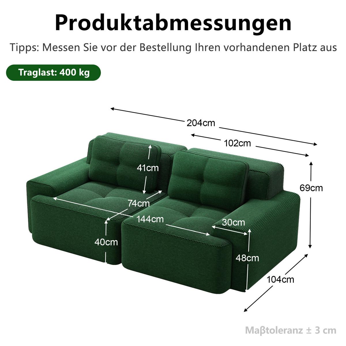 2-SITZER SOFA Boneless Modular Cord Grün ohne Montage - Grün, Textil (204/69/104cm) - Urban Meuble