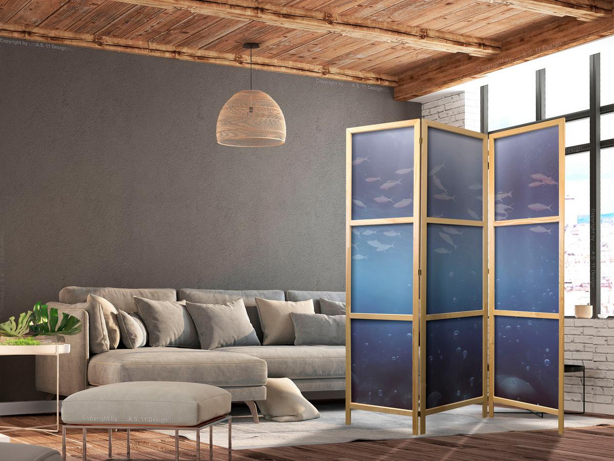 PARAVENT Japanischer 3-tlg 135x172 cm Fischschwarm - Blau, Holz/Textil (135/172/3cm) - Muralo