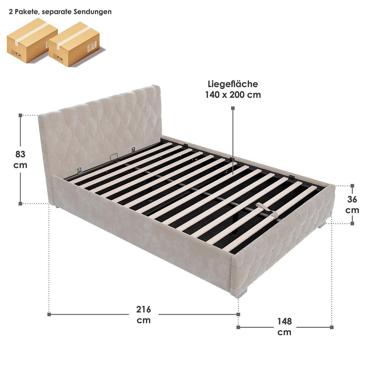 POLSTERBETT Nizza Beige 140x200 cm mit Bettkasten und LED - Beige, Holzwerkstoff (140/200cm) - Juskys