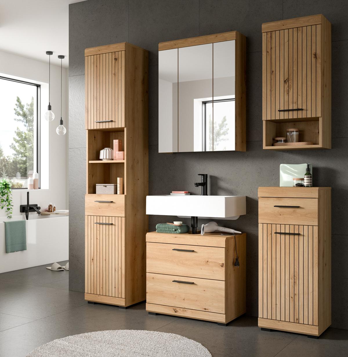 BADMÖBEL-SET Eiche Artisan 3-teilig 112 x 191 cm, Badkombination in modernem Design - Schwarz/Eiche Artisan, Glas/Holzwerkstoff (112/191/34cm) - Inn.Furn