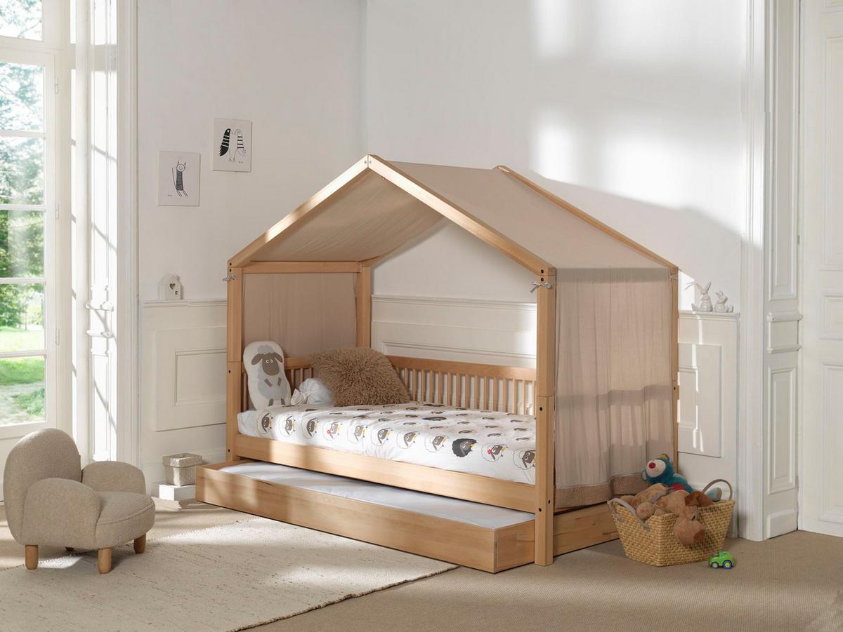 HAUSBETT Kelci 90x200 mit Dach und Textilhimmel Buche massiv natur - Buchefarben, Holz (90/200cm) - 58aufmkessel