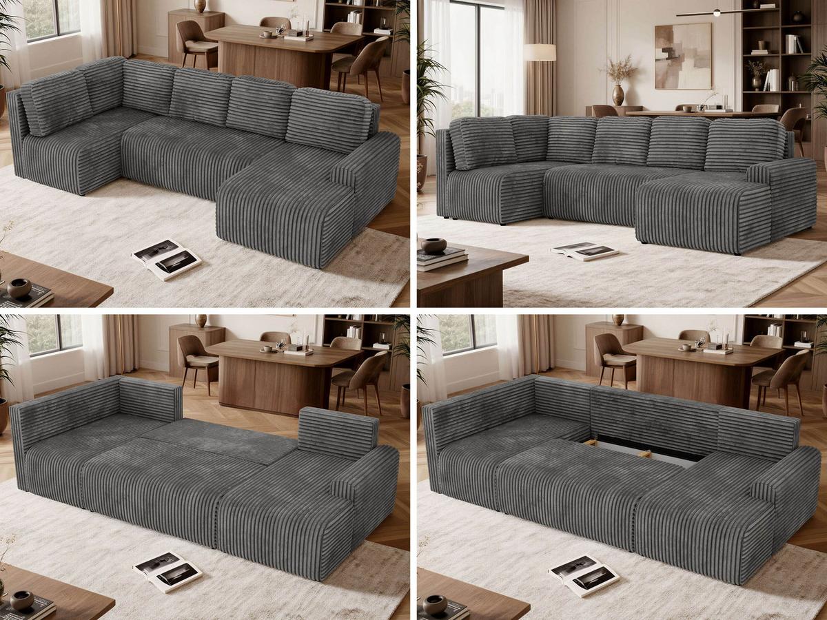 WOHNLANDSCHAFT NESSARO COR U Grau Cord - Links Seite - Schwarz/Grau, Kunststoff/Textil (307/92/151cm) - MKS