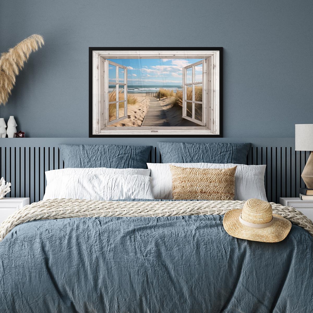POSTER MIT RAHMENGERAHMTES BILD Fenster - Meer - Küste - Natur - Ausblick - Strand - Wattenmeer 90x60 cm - Beige, Papier (90/60cm) - MuchoWow