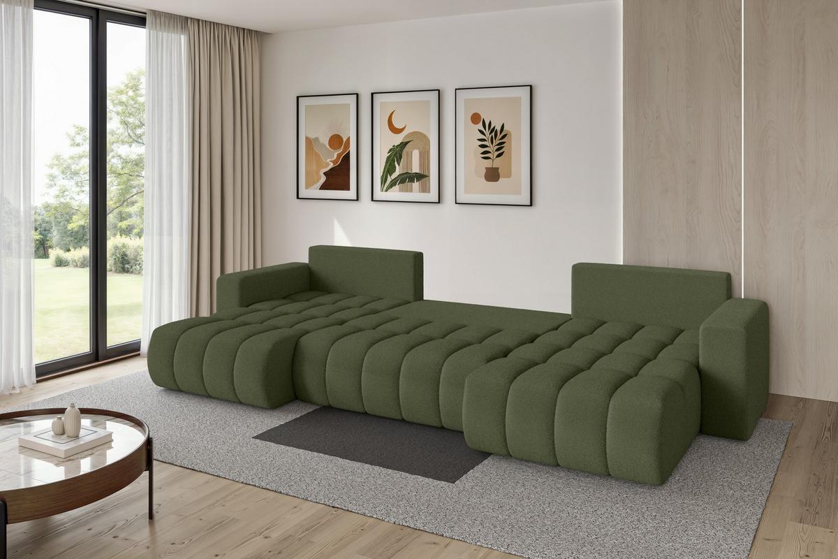 WOHNLANDSCHAFT mit Schlaffunktion und Bettkasten MILA-U-v1 378x194x86 Grün Bouclé - Schwarz/Olivgrün, Holzwerkstoff/Kunststoff (378/86/194cm) - ALTDECOR