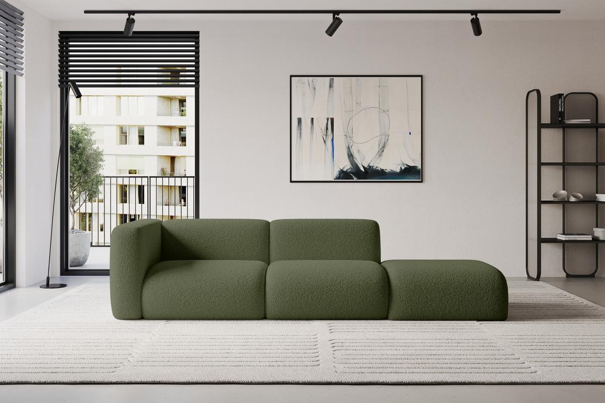 SOFA Ottomane Links MIRA-S3 296x89x70 Grün Bouclé - Schwarz/Olivgrün, Holzwerkstoff/Kunststoff (296/70/89cm) - ALTDECOR