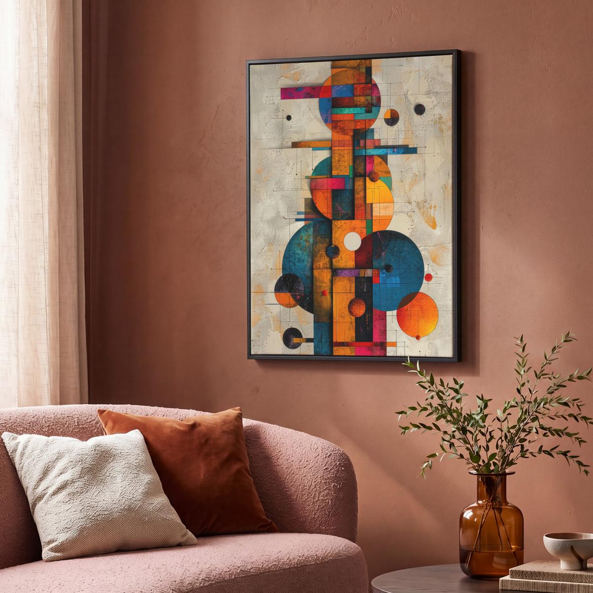 LEINWAND Bilder mit Rahmen - Vintage - Moderne Kunst - Orange - Geometrische Formen - 70x100 - Multicolor, Textil (70/100cm) - MuchoWow