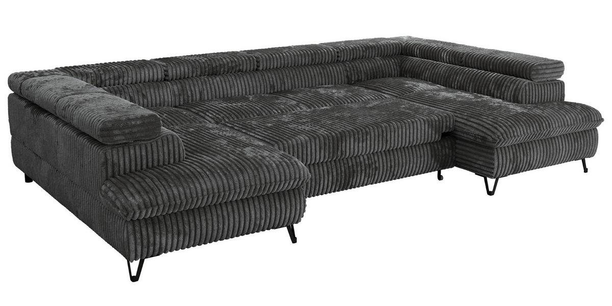 WOHNLANDSCHAFT PABLO U Cord Grau mit Topper Visco - Dunkelgrau/Schwarz, Textil/Metall (346/76/208cm) - MKS