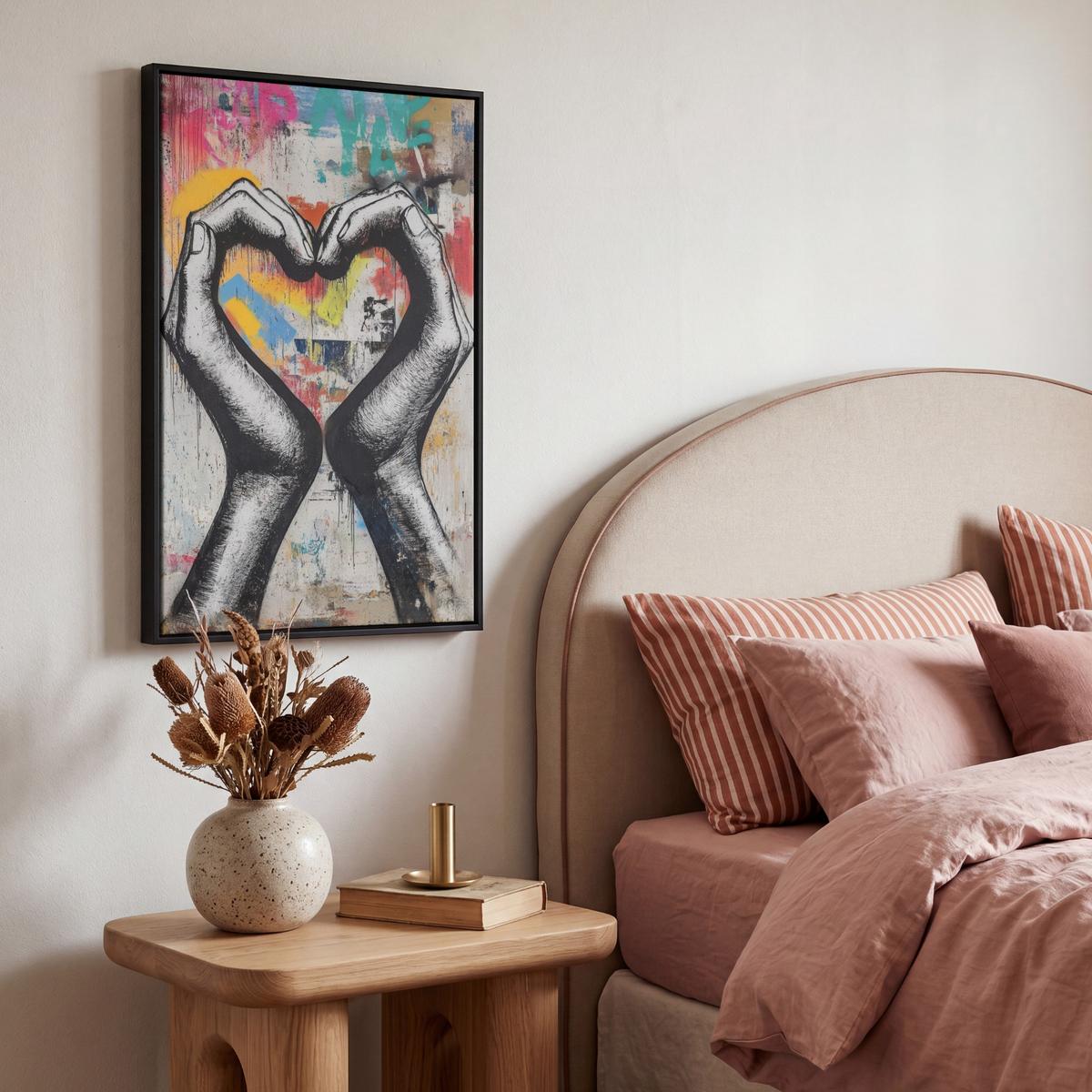 LEINWAND Bilder mit Rahmen - Hände - Herz - Straßenkunst - Graffiti - 40x60 - Multicolor, Textil (40/60cm) - MuchoWow