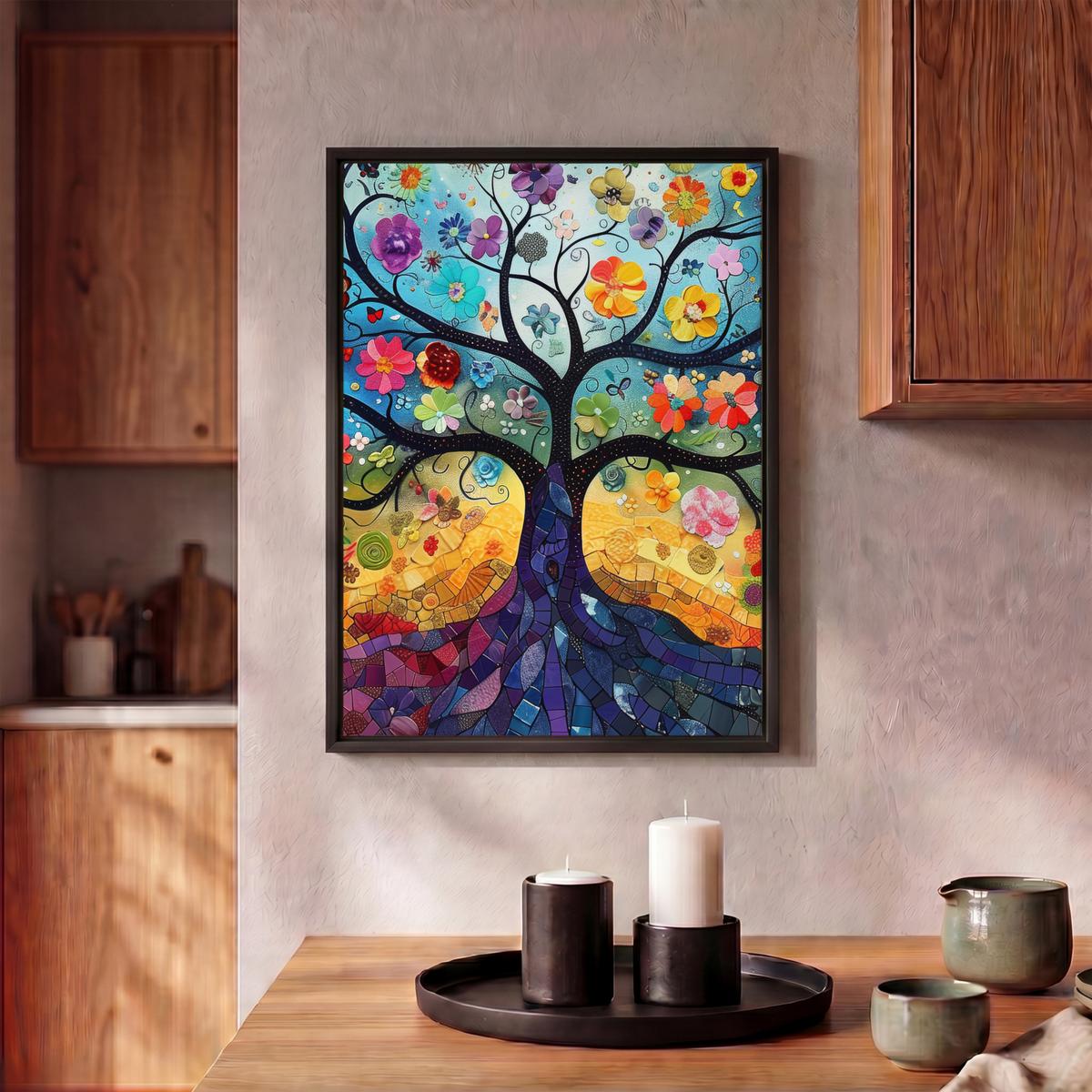 LEINWAND Bilder mit Rahmen - Kunst - Baum des Lebens - Blumen - Hippie - 30x40 - Dunkelblau, Textil (30/40cm) - MuchoWow