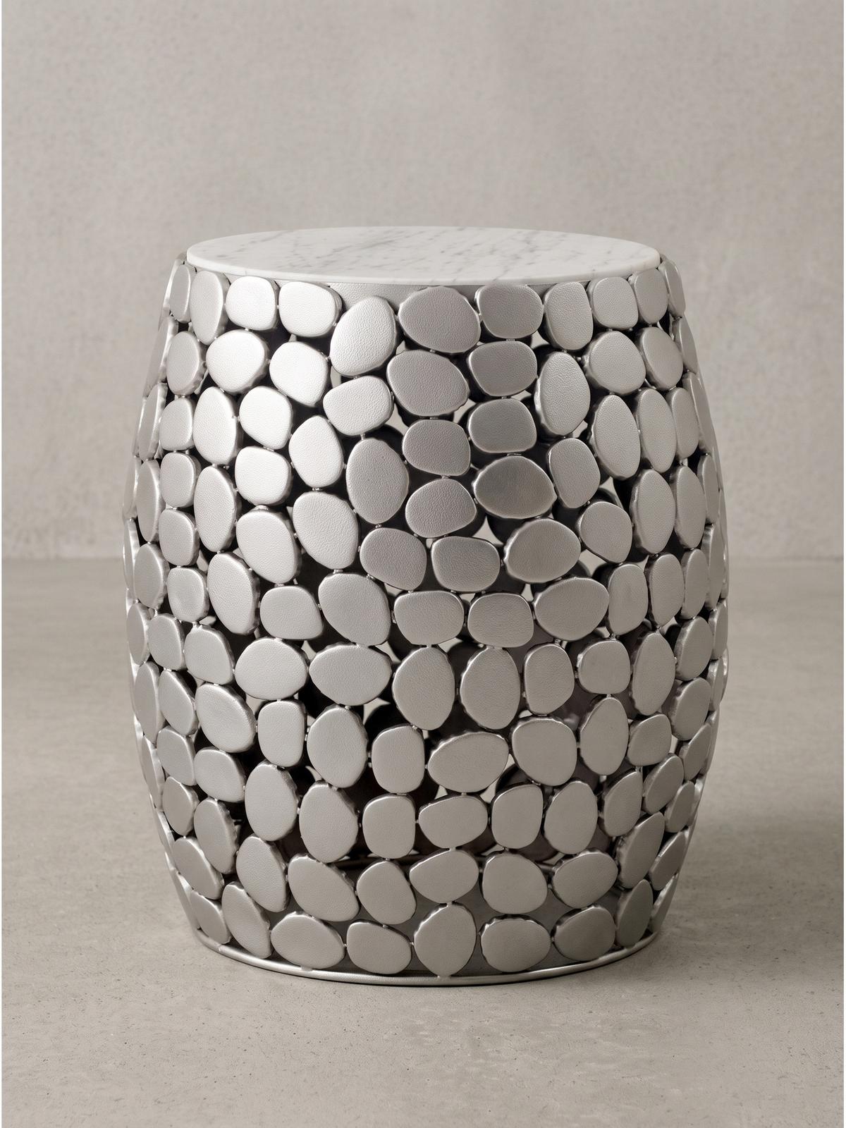 BEISTELLTISCH DIEMEL, Marmor, handgefertigt, Silber-Weiß, Ø 40 x 46 cm - Silberfarben, Stein/Metall (40/40/46cm) - KADIMA DESIGN