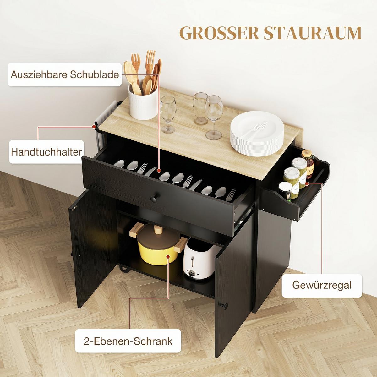 KÜCHENINSEL Spanplatte MDF Schwarz - Schwarz, Holzwerkstoff/Metall (42/87/106cm) - HOMCOM