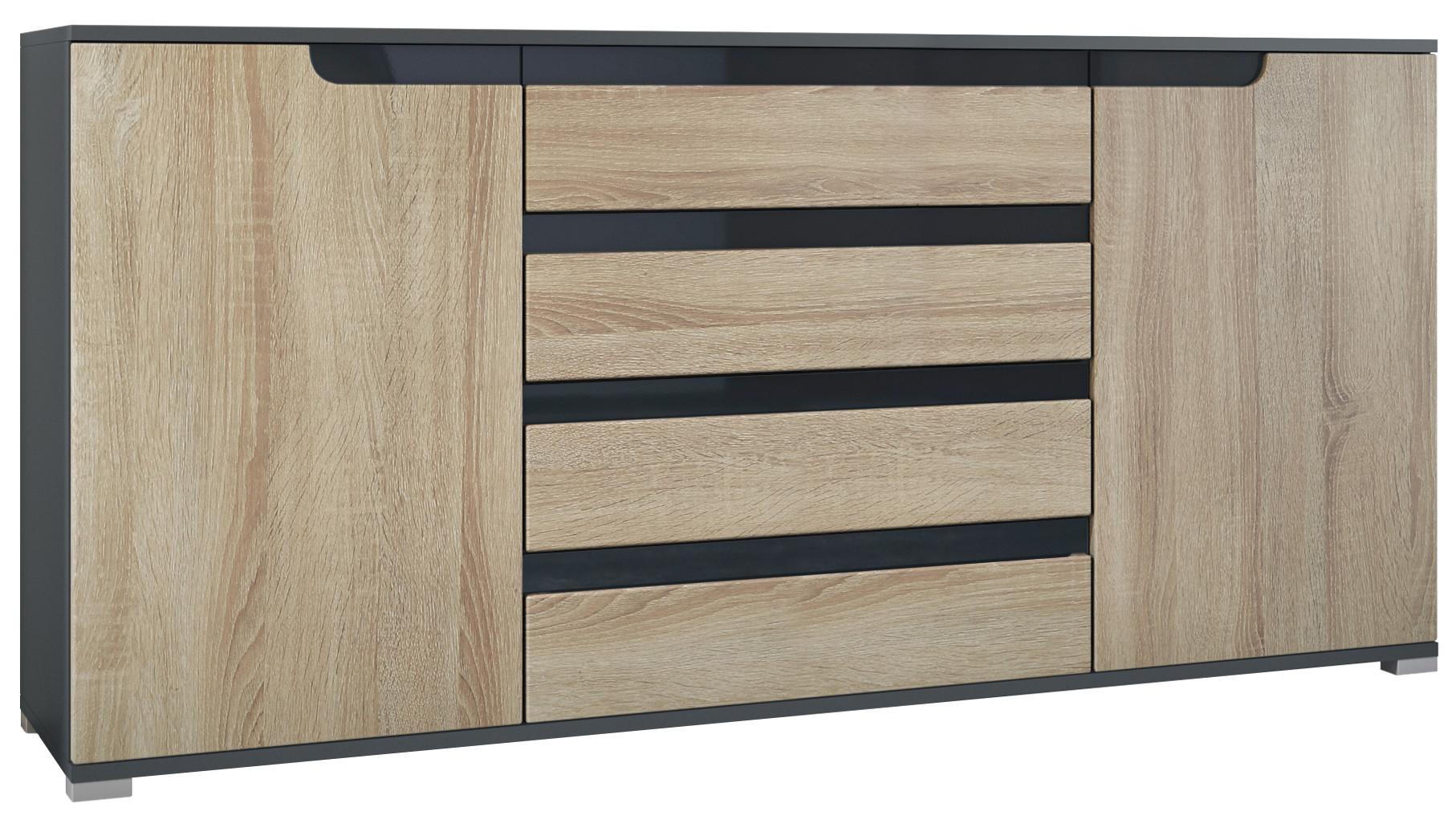 SIDEBOARD Sylt Eiche sägerau / Schwarz Hochglanz - Eiche San Remo, Holzwerkstoff (166.5/75.5/35cm) - Vladon