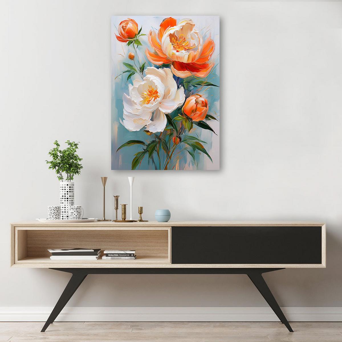WANDBILD pfingstrosen blühen orange weiß - Orange, Textil (60/90cm) - Feeby