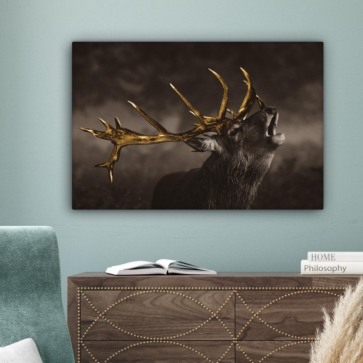 LEINWANDBILD Rotwild - Schwarz - Gold XXL 150x100 cm - Braun, Textil (150/100cm) - MuchoWow