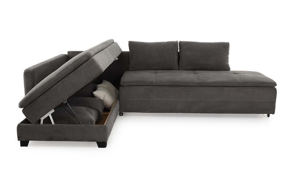 ECKSOFA-DAUERSCHLÄFER Doppelbett Boxspring Federkern Topper, seitenverkehrt montierbar B306/T223/H95 cm, Cord Dunkelgrau / 15163 - Dunkelgrau/Schwarz, Kunststoff/Textil (306/223cm) - luma-home