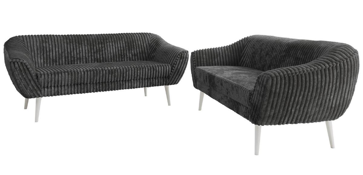 SITZGARNITUR PIRS 3+3 - Grau Cord - Weiße Beine - Weiß/Grau, Holzwerkstoff/Textil (180/75/74cm) - MKS