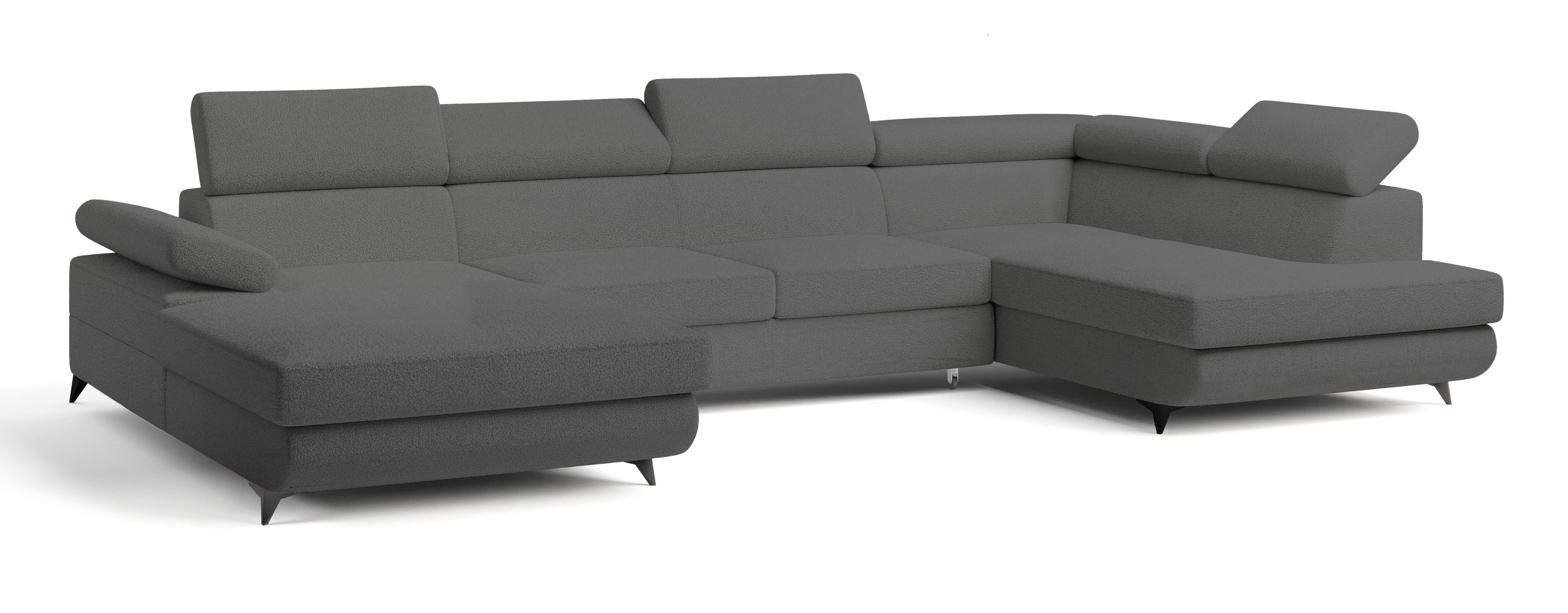 WOHNLANDSCHAFT RUBANO R-S Grau Boucle-Stoff mit Schlaffunktion - Grau, Holz (339/89/190cm) - MASSENO