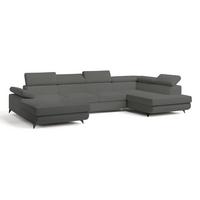 WOHNLANDSCHAFT RUBANO R-S Grau Boucle-Stoff mit Schlaffunktion - Grau, Holz (339/89/190cm) - MASSENO