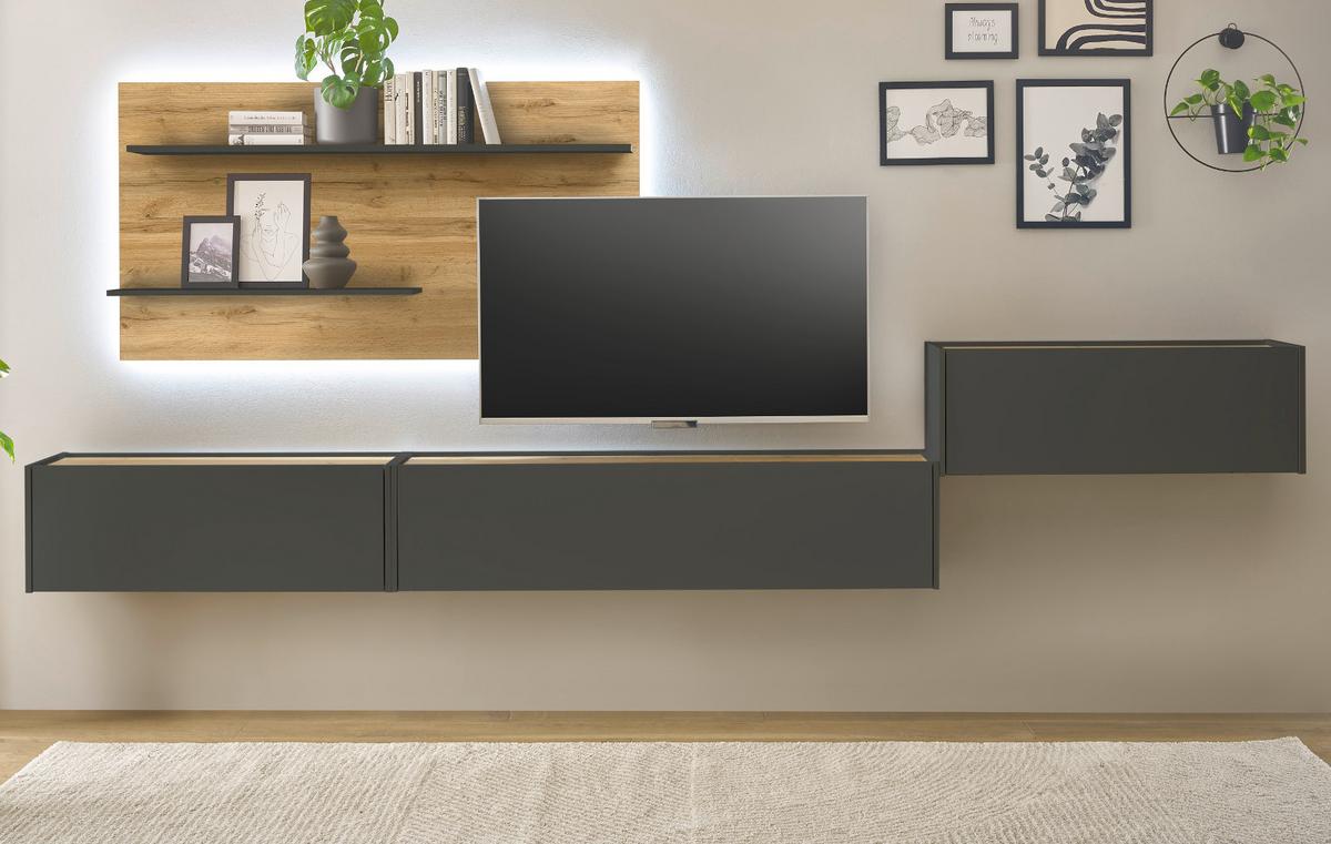 WOHNWAND grau matt, Eiche Wotan 350 cm, Schrankwand mit Sekretär - Eiche Wotan/Grau, Holzwerkstoff/Metall (350/180/30cm) - Furn.Design