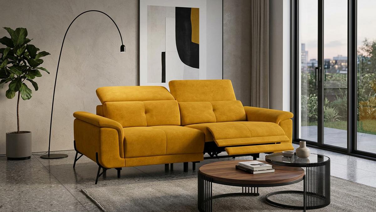 SOFA RELAX AVENA 3-Sitzer, gelber Veloursstoff - Gelb/Schwarz, Holz/Textil (204/80/108cm) - Courtois Laville