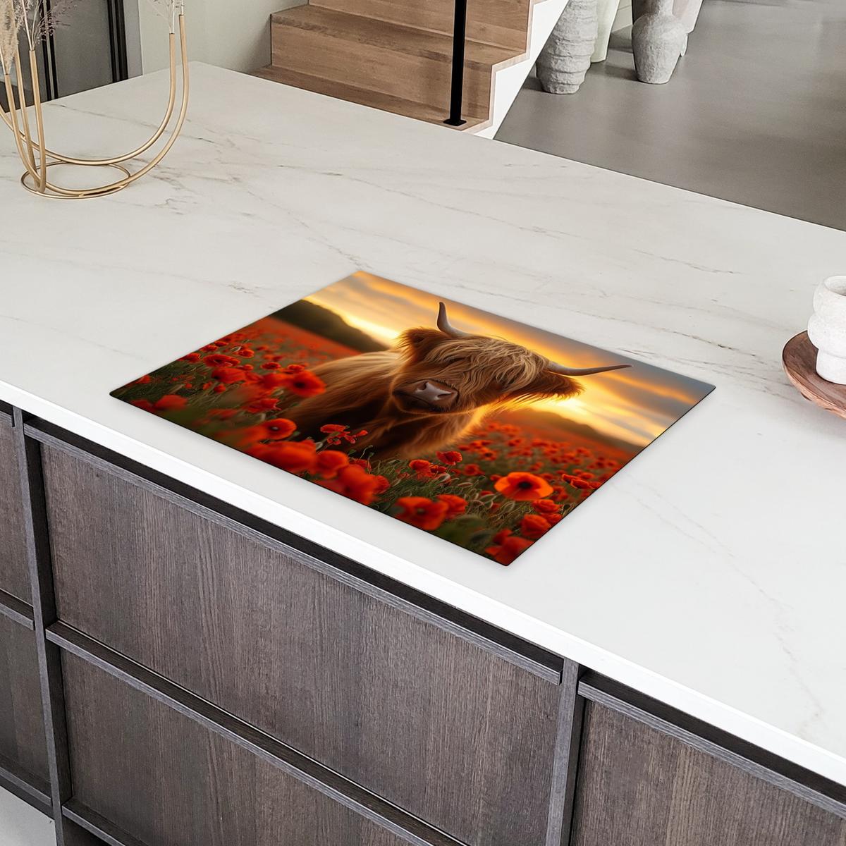 HERDABDECKPLATTE Schottische Highlander - Rosen - Blumenfeld - Sonnenuntergang Induktionsmatte 71x52 cm - Rotbraun, Kunststoff (71/52/0.2cm) - MuchoWow