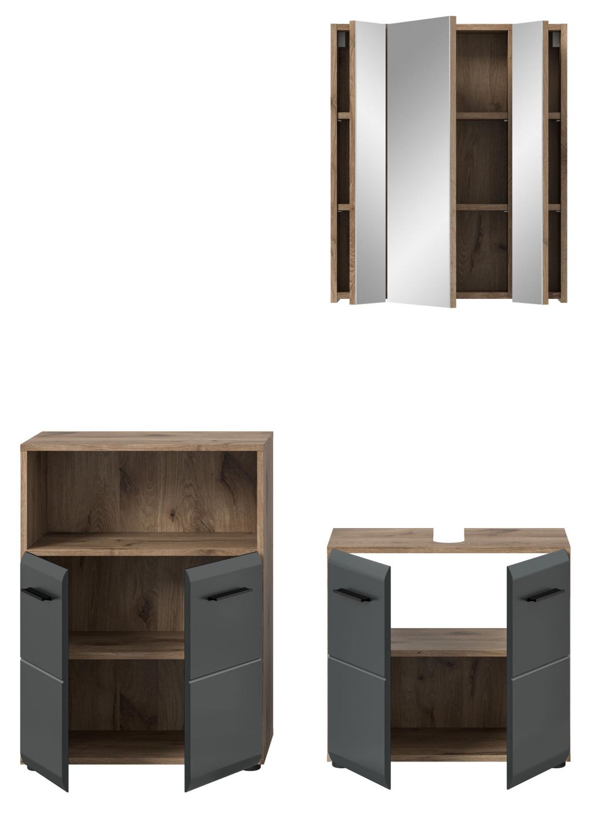 BADMÖBEL-SET 3-teilig schwarz matt, Eiche Nox, Badezimmer Set 135 x 185 cm - Eichefarben/Schwarz, Glas/Holzwerkstoff (135/185/30cm) - Inn.Furn