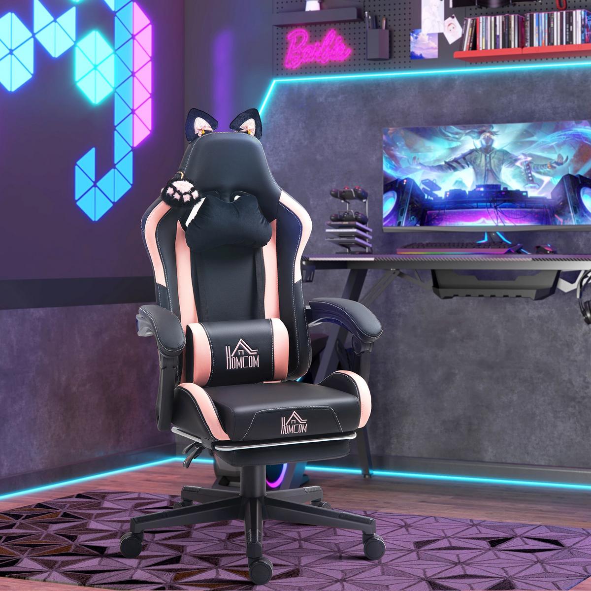 GAMINGSTUHL mit Lendenkissen Rosa, Schwarz - Schwarz, Kunststoff (62/124/65cm) - HOMCOM
