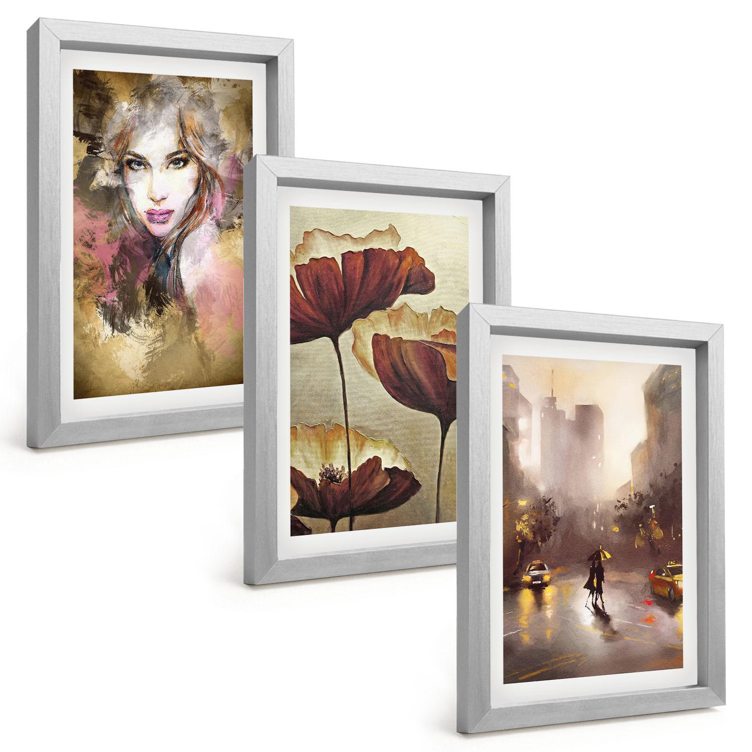 BILDER SET 3er Set - 20x30 cm Silberner Rahmen - Abstraktes Porträt einer Frau mit Blumen und Regen - Silberfarben, Kunststoff (20/30cm) - TULUP