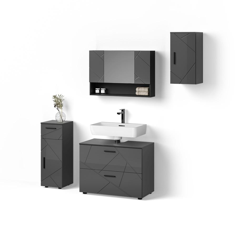 BADMÖBEL-SET Ronco Anthrazit Hochglanz 4 Teile - Schwarz Hochglanz, Holzwerkstoff (41/80/58cm) - Livinity®