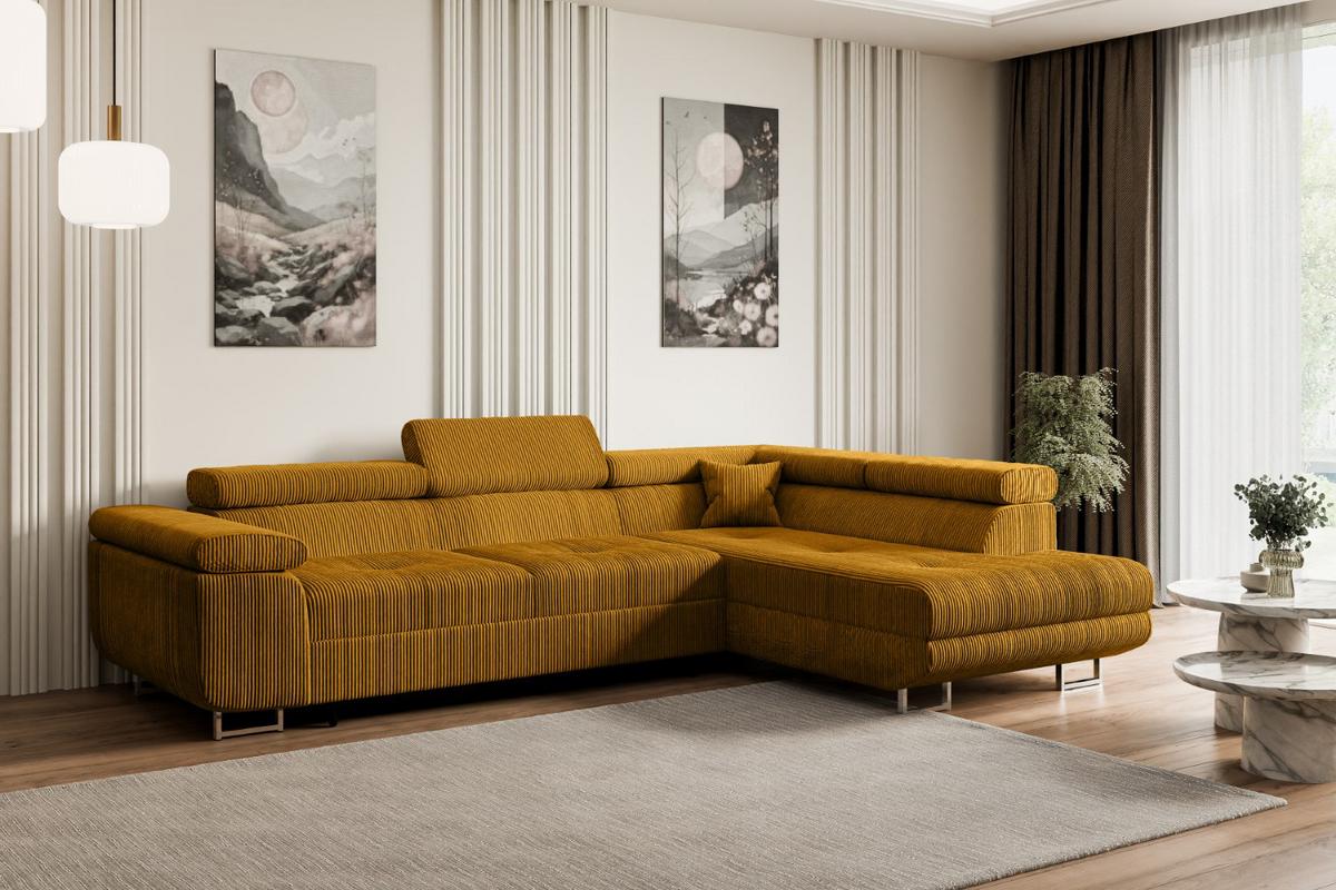 ECKSOFA mit Schlaffunktion und Bettkasten GUSA-L 272x202x107 cm Senfgelb Cord - Gelb/Silberfarben, Holzwerkstoff/Textil (272/202cm) - ALTDECOR