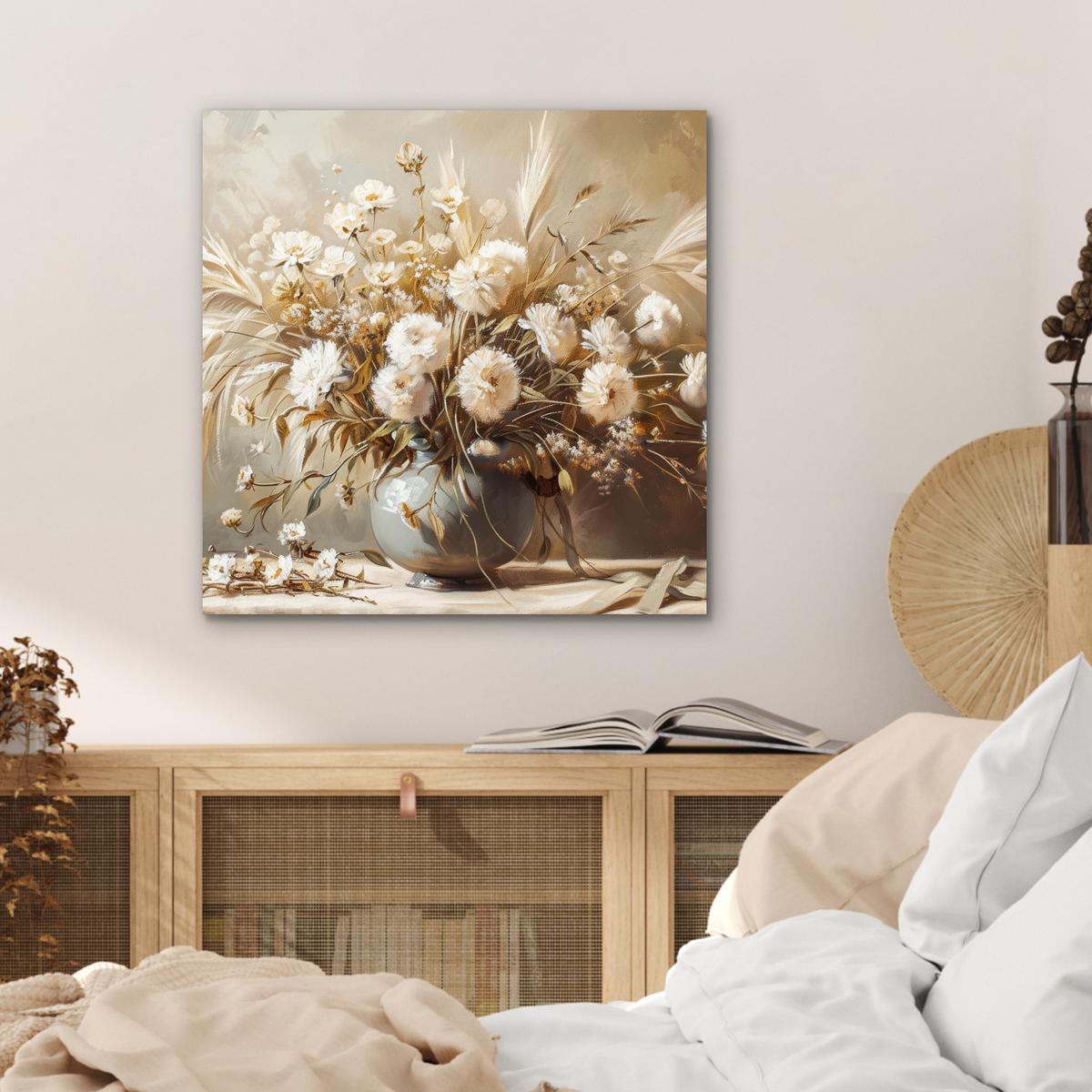 METALLBILD Blumen - Vase - Stilleben - Beige 50x50 cm - Creme, Metall (50/50cm) - MuchoWow