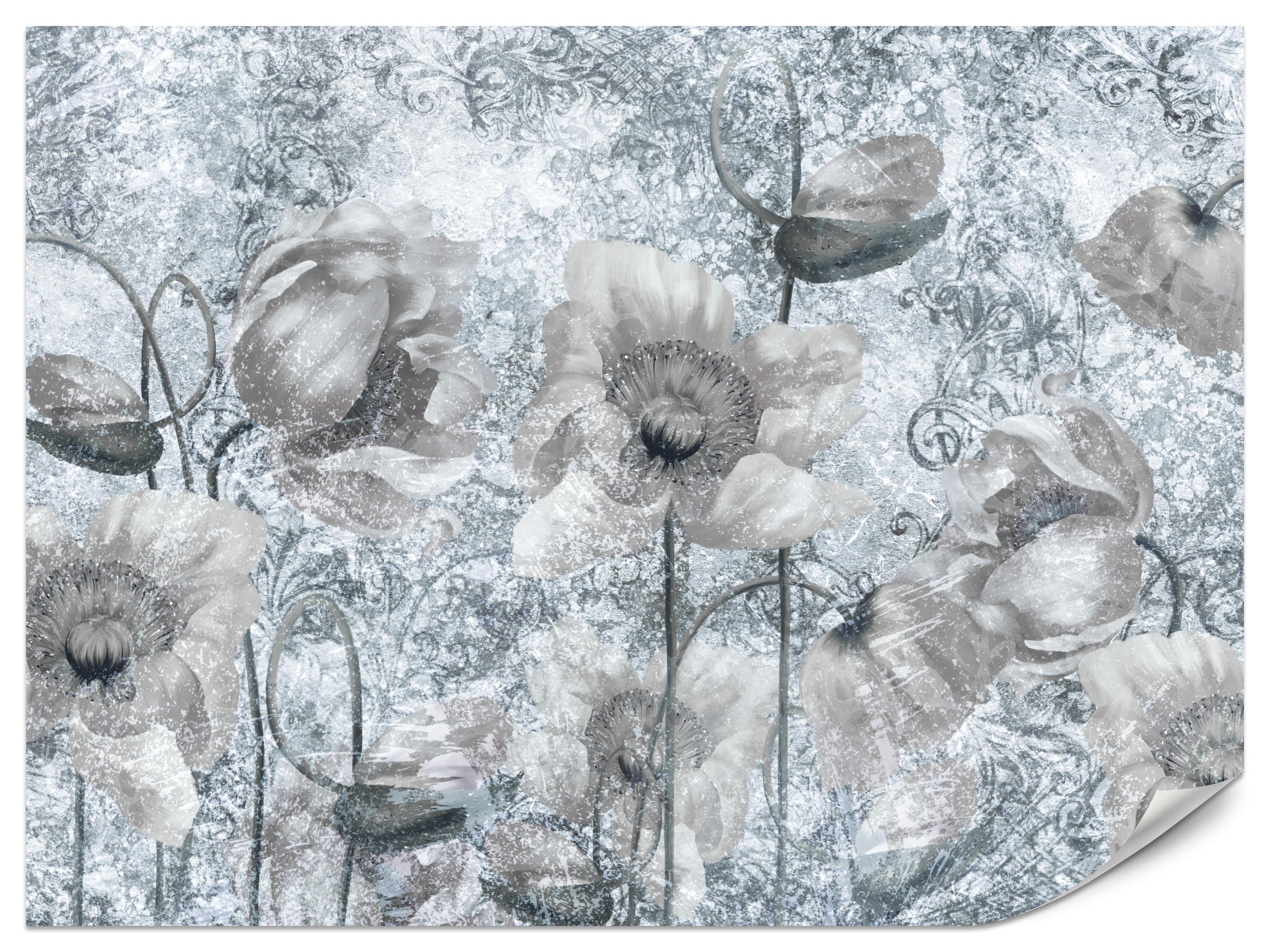 FOTOTAPETE für Wohnzimmer Grau Mohnblumen Beton Blumen Blätter 250x175 - Grau, Papier (250/175cm) - Muralo