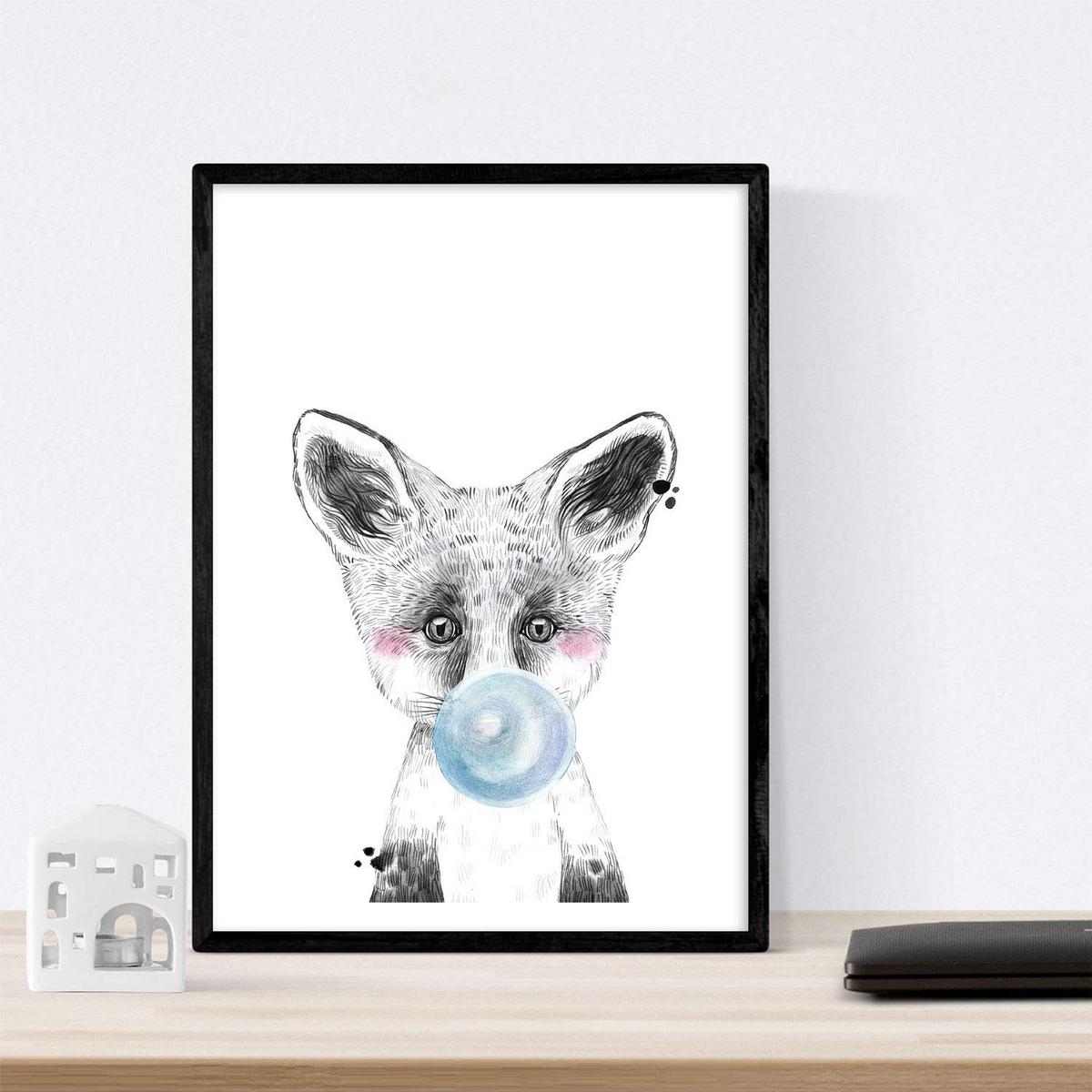 POSTER Set Mit 6 Tiere Babys Mit Kaugummi Schweinelefant Kaninchen Kuh Zorro Hund A3 Schwarzer Rahmen - Schwarz, Papier (29/3cm) - Nacnic