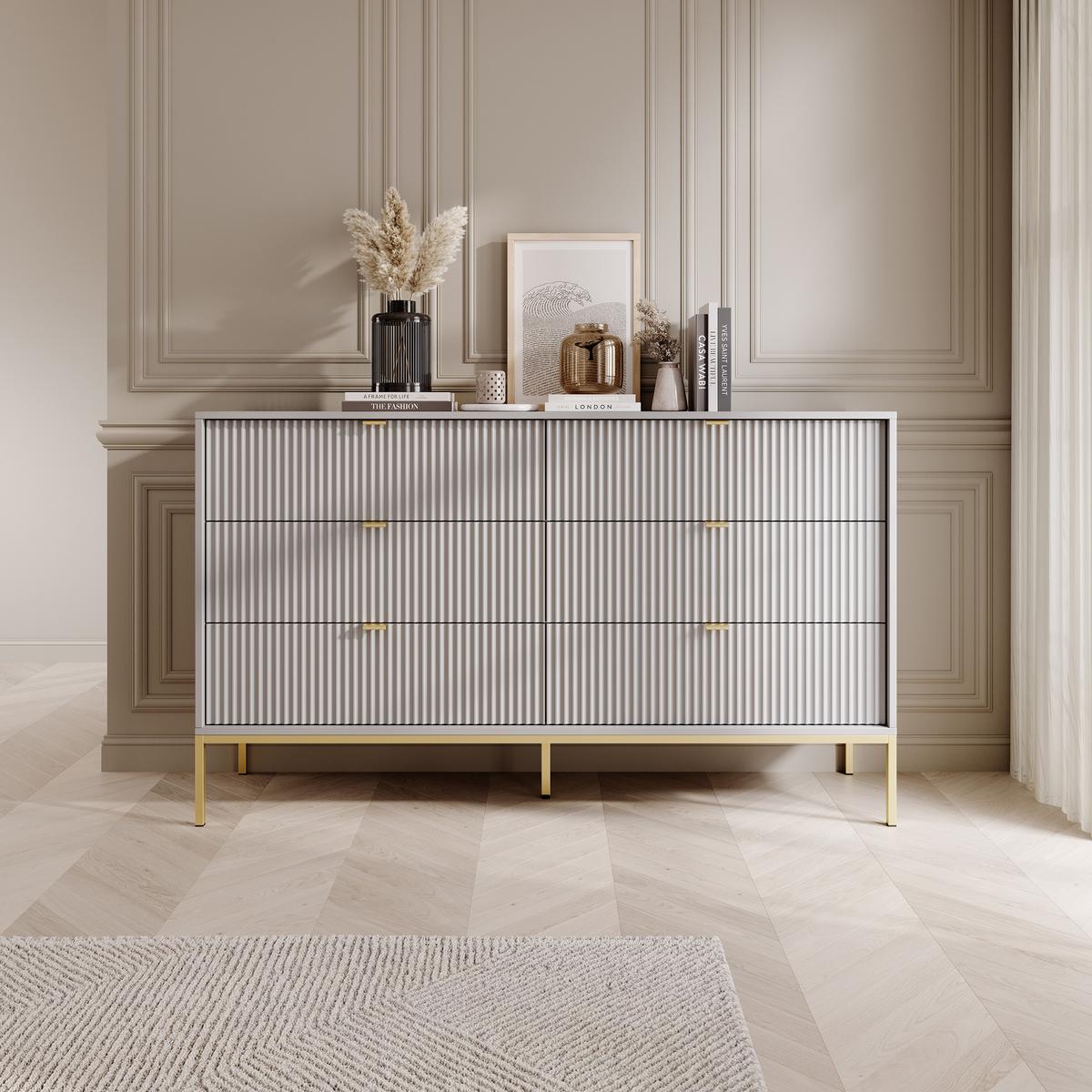 SIDEBOARD STELLARE 154/91/39 cm mit 6 Schubladen Grau - Goldfarben/Grau, Holzwerkstoff (154/91/39cm) - MASSENO