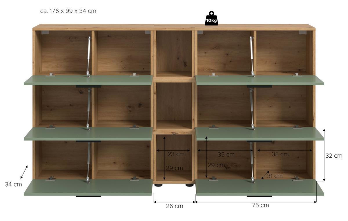 SIDEBOARD grün, Eiche Artisan 176 cm, Kommode mit Soft-Close - Schwarz/Eiche Artisan, Holzwerkstoff/Kunststoff (176/99/34cm) - Inn.Furn