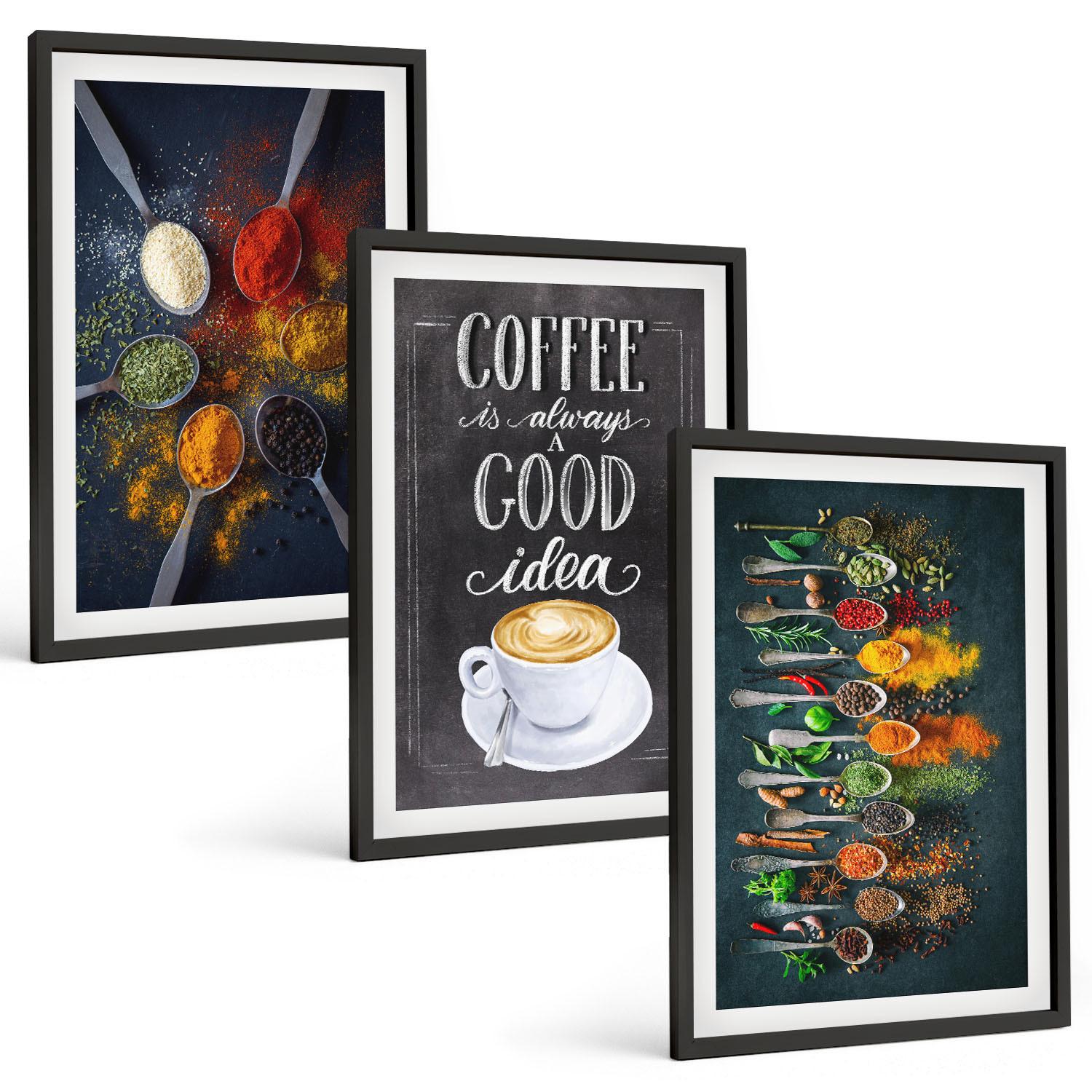 BILDER SET 3er Set - 40x60 cm Schwarzer Rahmen - Gewürze, Kaffee, Kräuter, Muster - Schwarz, Kunststoff (40/60cm) - TULUP