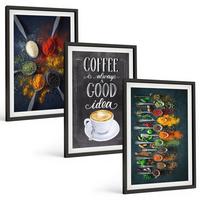 BILDER SET 3er Set - 40x60 cm Schwarzer Rahmen - Gewürze, Kaffee, Kräuter, Muster - Schwarz, Kunststoff (40/60cm) - TULUP