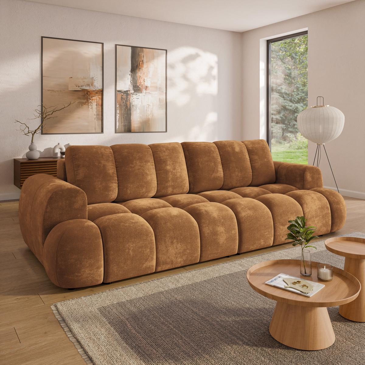 BETTSOFA DAFNE Hellbraun Chenille-Stoff mit Schlaffunktion - Hellbraun, Textil (300/88/113cm) - MASSENO