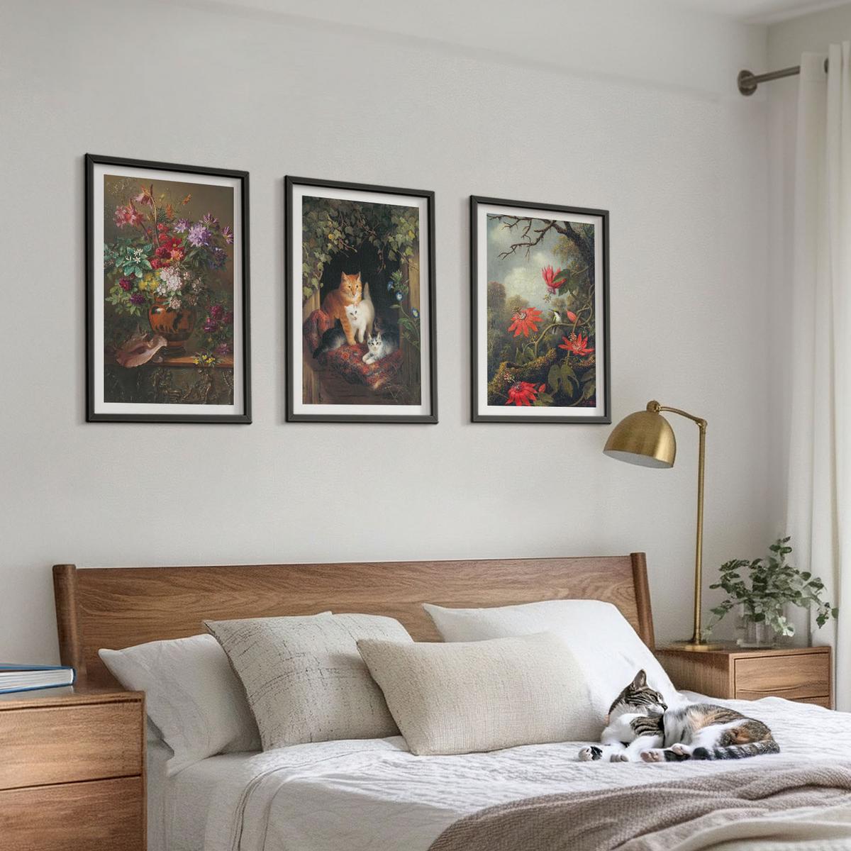 BILDER SET 3er Set - 40x60 cm Schwarzer Rahmen - Vintage-Blumen, Katzen, Natur - Schwarz, Kunststoff (40/60cm) - TULUP