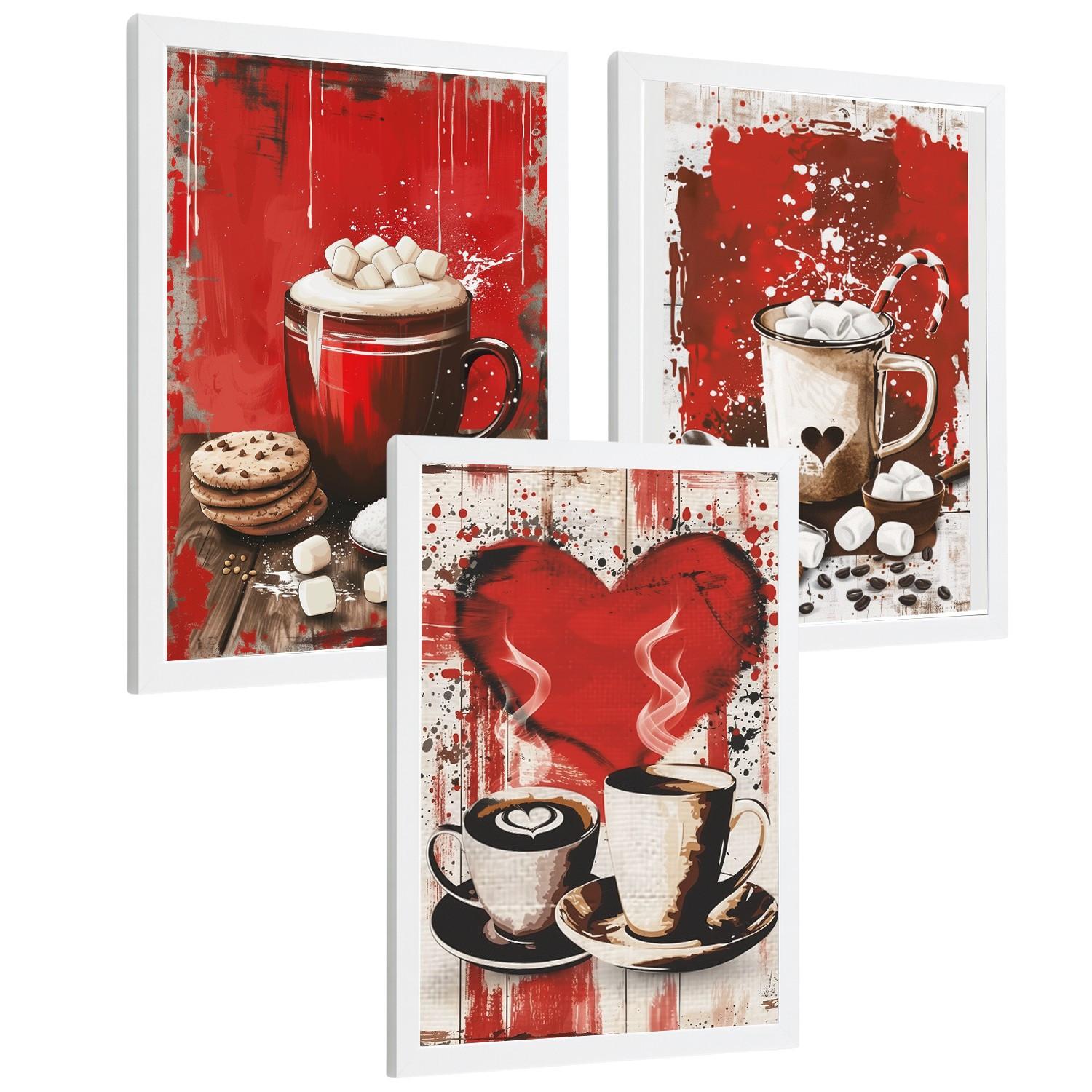 POSTER 3er Set Schokolade und Kaffee Wandbilder Marshmallows Zuckerstange Rote Pop Art Küche Wanddeko Rahmenlos A3 - Weiß, Papier (29.7/1/42cm) - Nacnic