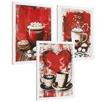 POSTER 3er Set Schokolade und Kaffee Wandbilder Marshmallows Zuckerstange Rote Pop Art Küche Wanddeko Rahmenlos A3 - Weiß, Papier (29.7/1/42cm) - Nacnic