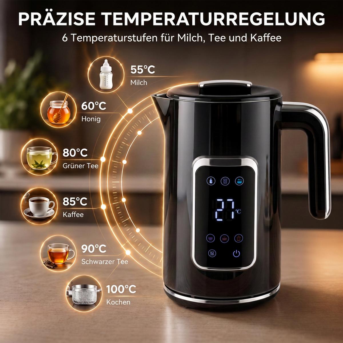 WASSERKOCHER Edelstahl Schwarz - Schwarz, Metall (14.9/26.3/22.4cm) - HOMCOM