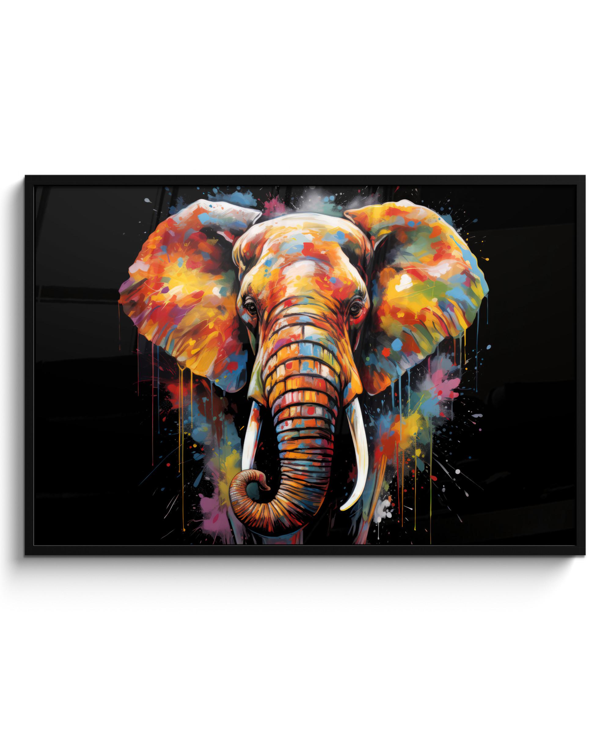 POSTER MIT RAHMEN Elefant - Graffiti - Schwarz - Tiere - Farben 120x80 cm - Schwarz, Papier (120/80cm) - MuchoWow
