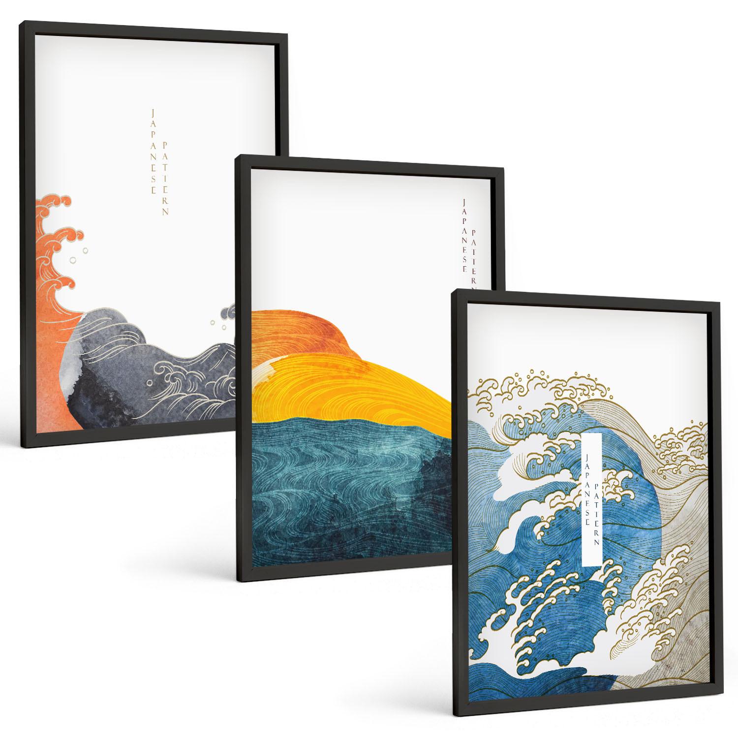 BILDER SET 3er Set - 40x60 cm Schwarzer Rahmen - Wellen des japanischen Grafikstils - Schwarz, Kunststoff (40/60cm) - TULUP