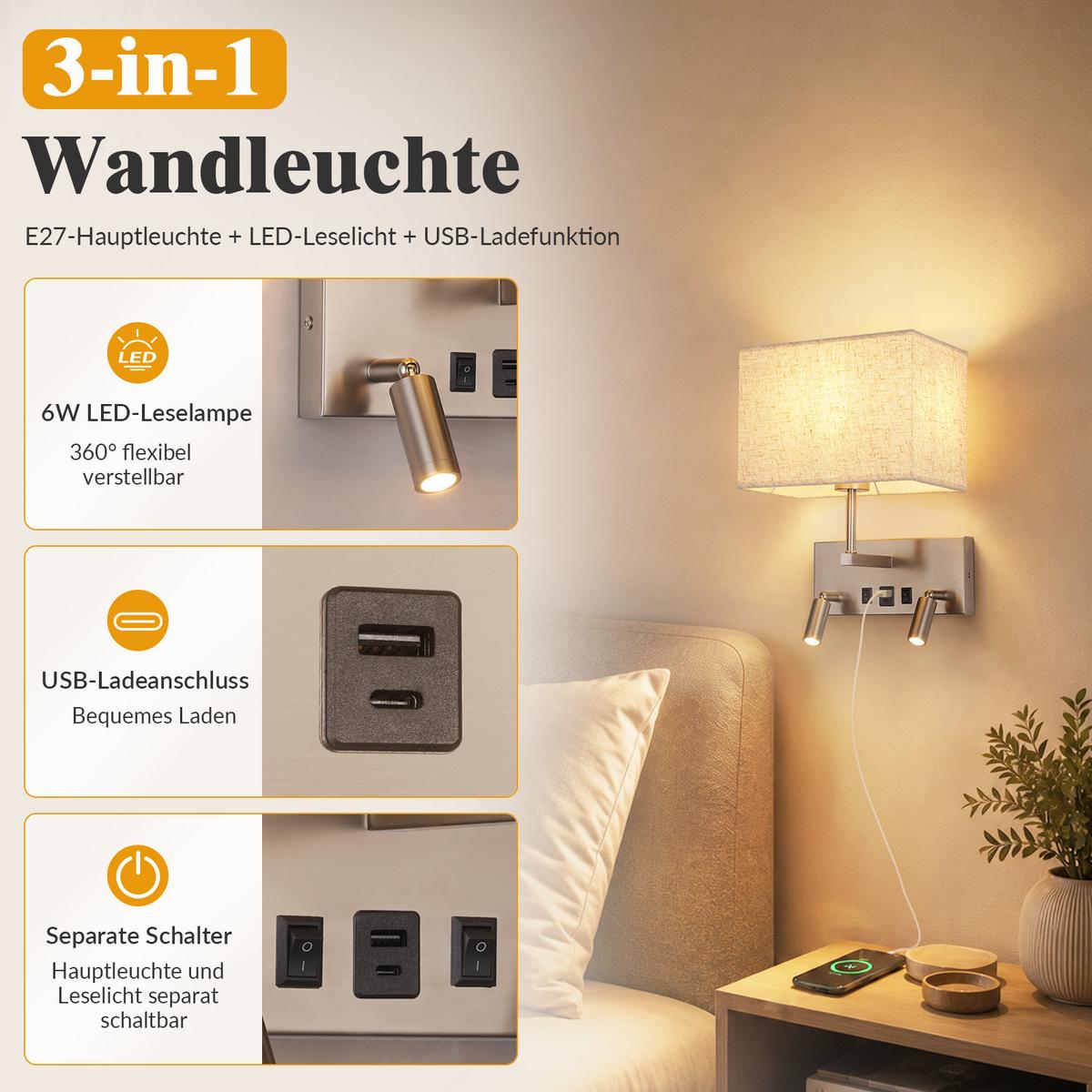 LED WANDLEUCHTE Noxvin 25/15/33.5 cm - Nickelfarben, Textil/Metall (15/33.5/25cm) - ZMH